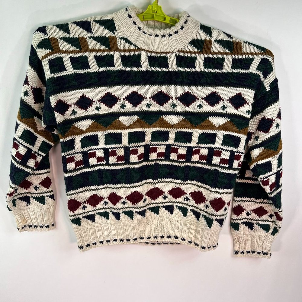 Heather & Tweed Sweater Adult Size M Ivory Blue Ramie Geometric Hand Knit VTG